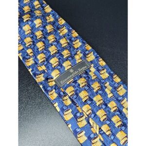 Ermenegildo Zegna Men's Necktie Blue Gold Top Hat Silk 3.75 x 58 Good